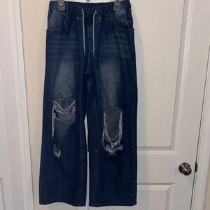 SHEIN Dark Blue Wide Leg Distressed Jeans